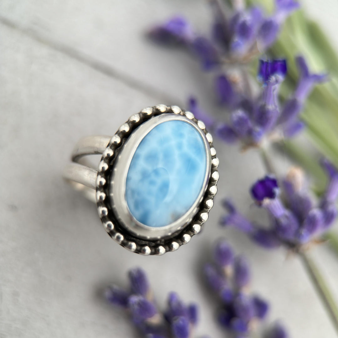 Larimar Crystal and Solid 925 Sterling Silver Ring. Size 6.75 US/Canada - SunlightSilver