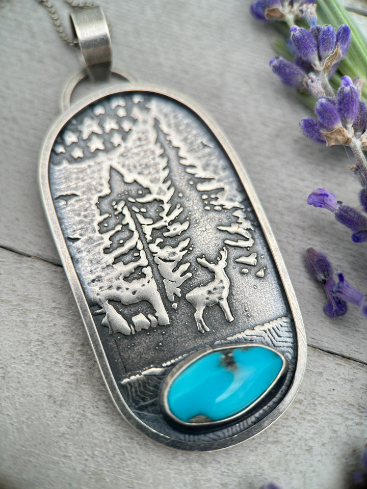 Kingman Turquoise and Sterling Silver Mountain Scene, Deer, Wolf, Trees, Stars Pendant Necklace - SunlightSilver