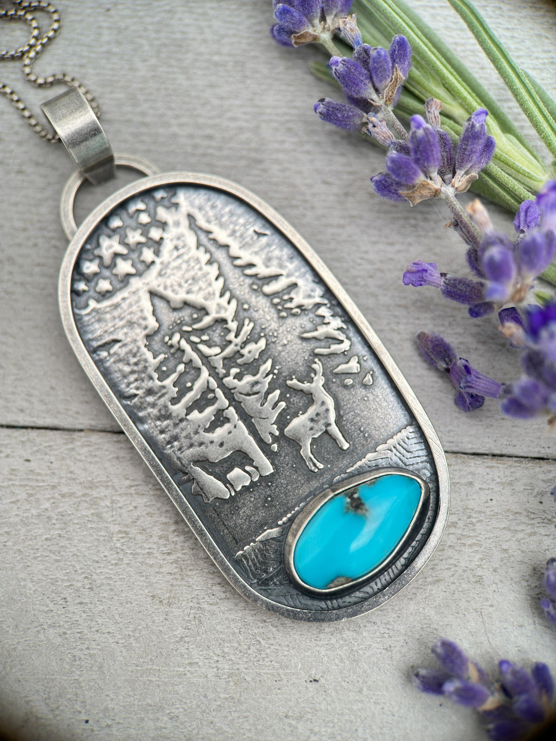 Kingman Turquoise and Sterling Silver Mountain Scene, Deer, Wolf, Trees, Stars Pendant Necklace - SunlightSilver