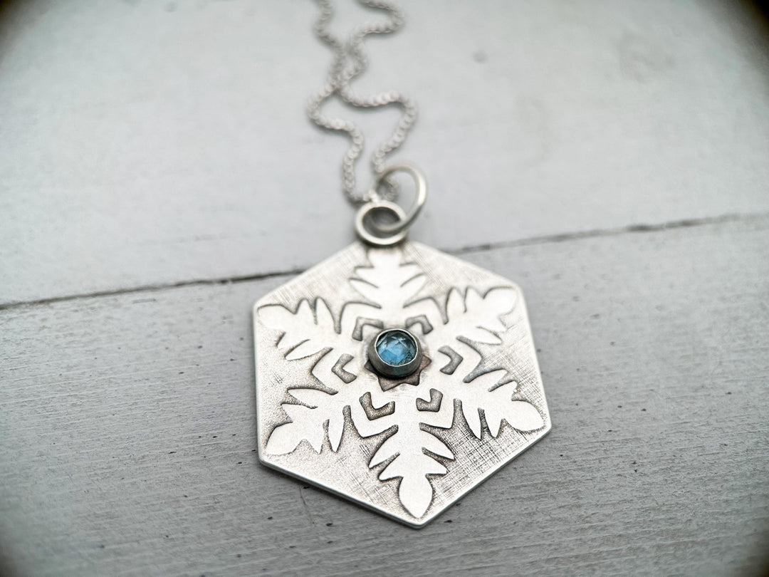 Aquamarine and Sterling Silver Snowflake Pendant Necklace - SunlightSilver