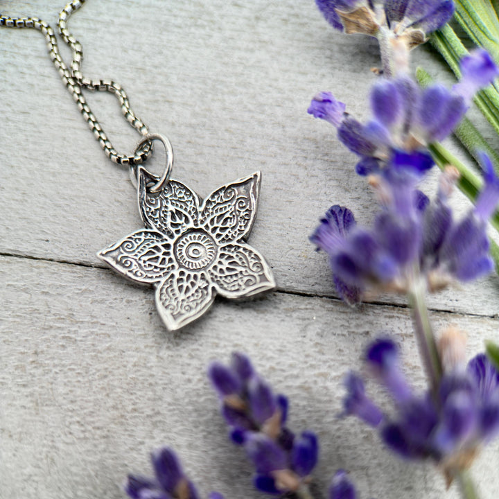 Small Sterling Silver Flower Charm Necklace. Solid 925 Sterling Silver - SunlightSilver