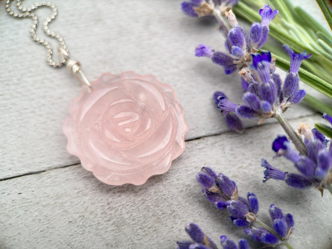 Carved Rose Quartz Flower and Sterling Silver Pendant Necklace - SunlightSilver