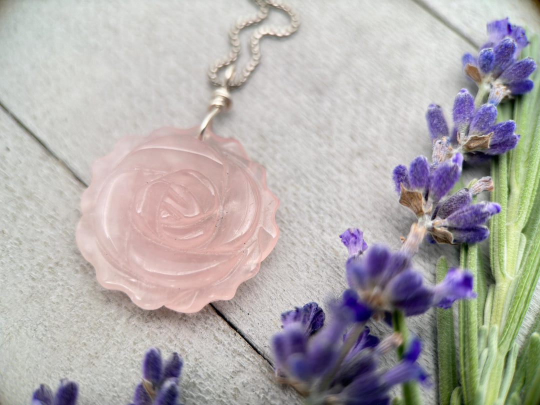 Carved Rose Quartz Flower and Sterling Silver Pendant Necklace - SunlightSilver