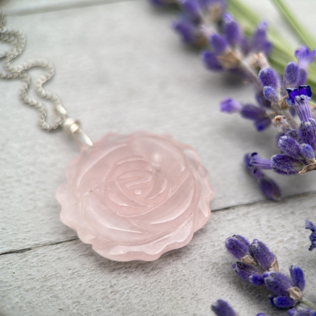 Carved Rose Quartz Flower and Sterling Silver Pendant Necklace - SunlightSilver