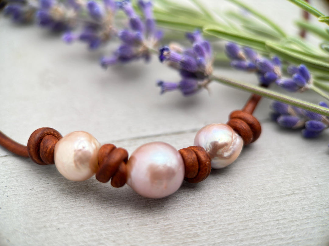 Kasumi like Pearl and Rustic Brown Leather Choker Necklace, Ming Edison Ripple Wrinkle Metallic Nucleated Freshwater Cultured Pearls - SunlightSilver