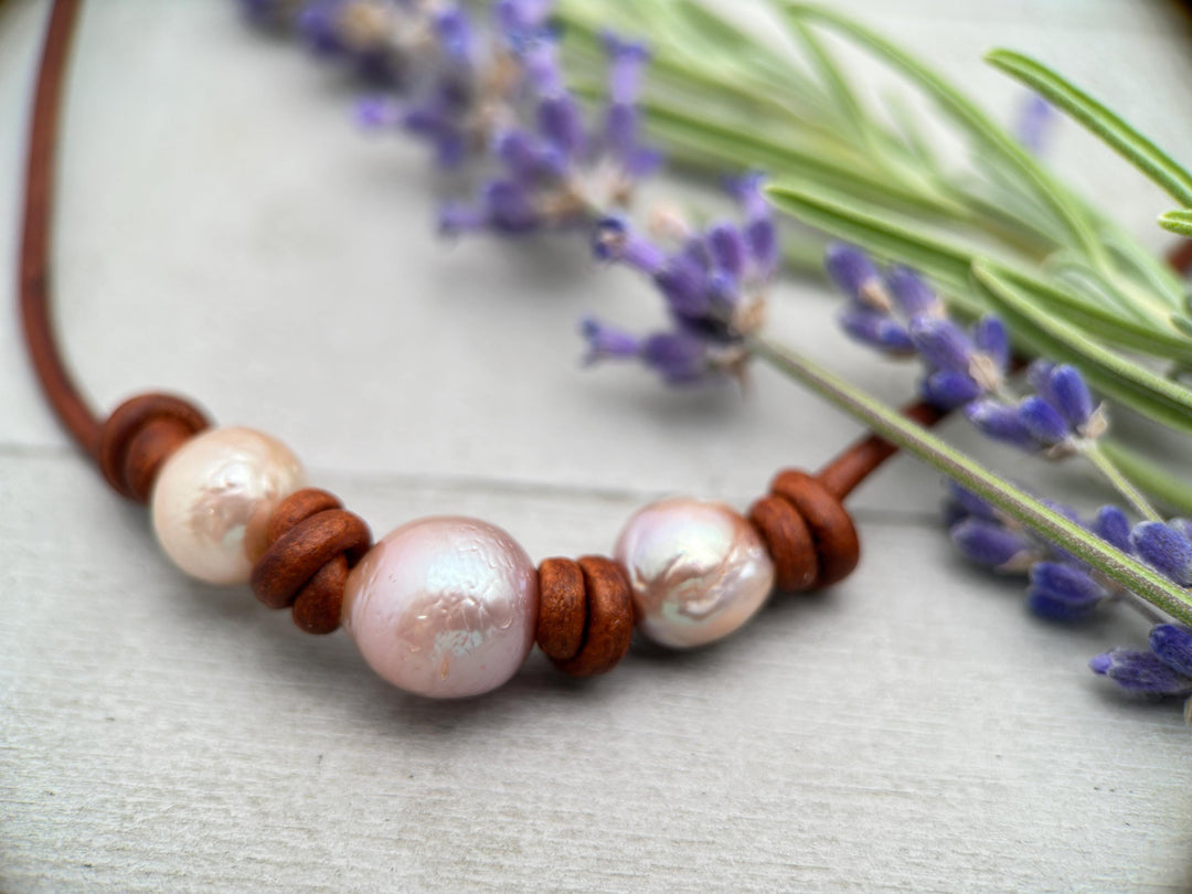 Kasumi like Pearl and Rustic Brown Leather Choker Necklace, Ming Edison Ripple Wrinkle Metallic Nucleated Freshwater Cultured Pearls - SunlightSilver