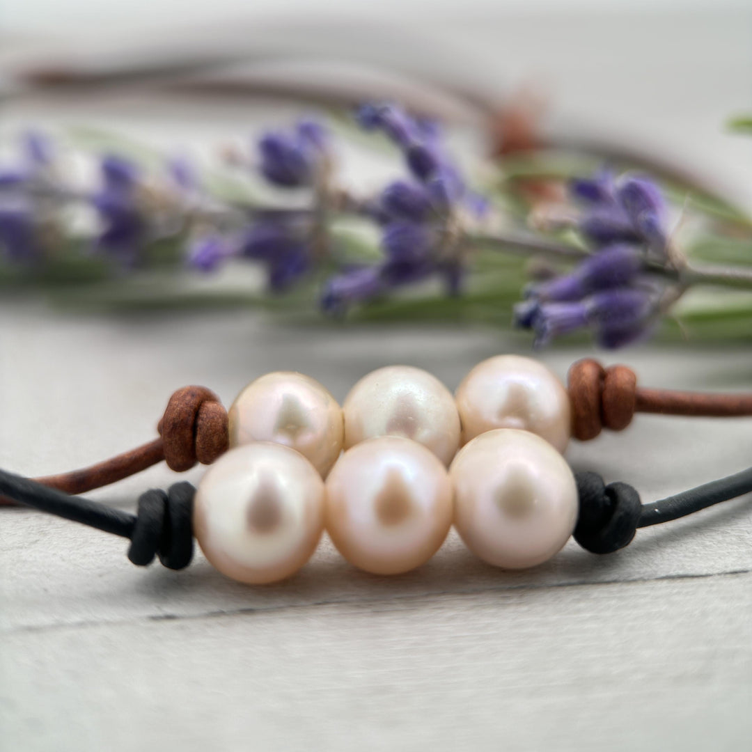 Peach Champagne Freshwater Pearl Leather Choker Necklace - SunlightSilver
