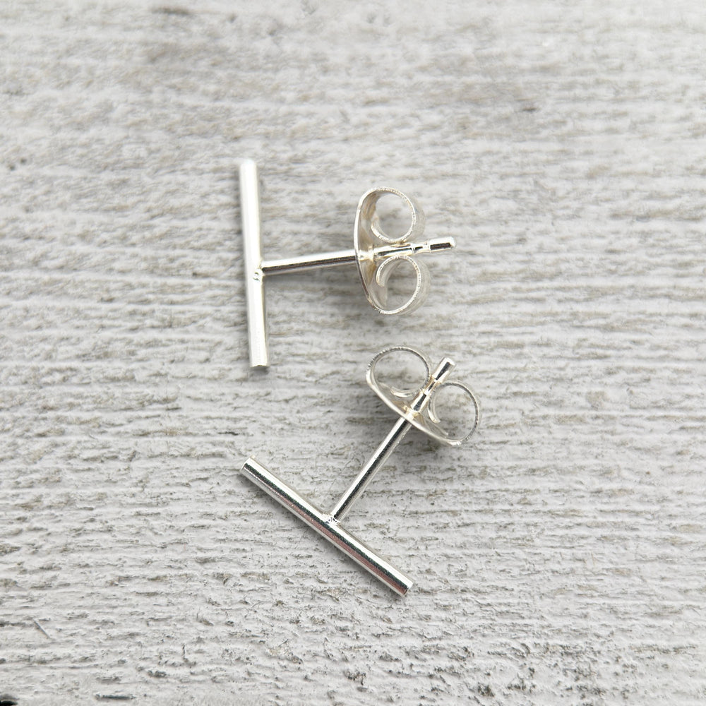 Bar Line Stud Earrings in Solid 925 Sterling Silver. T Studs, Staple, Line Earrings - SunlightSilver