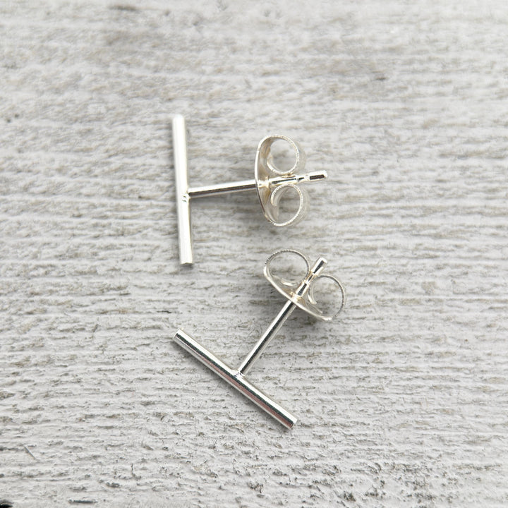 Bar Line Stud Earrings in Solid 925 Sterling Silver. T Studs, Staple, Line Earrings - SunlightSilver