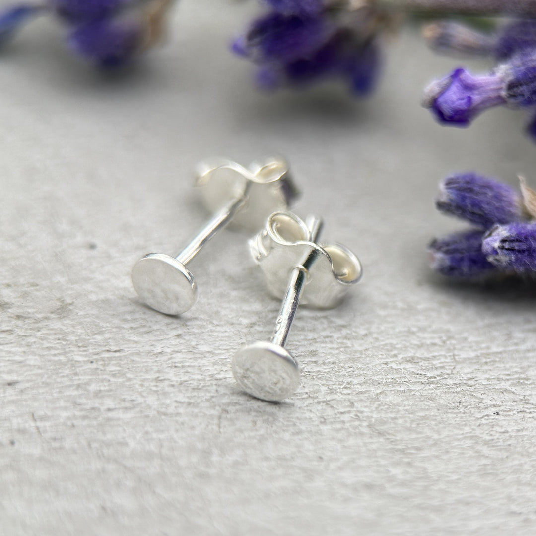 Silver Dot Stud Earrings - Solid 925 Sterling Silver - Minimalist Flat Circle Posts For Him or Her - SunlightSilver