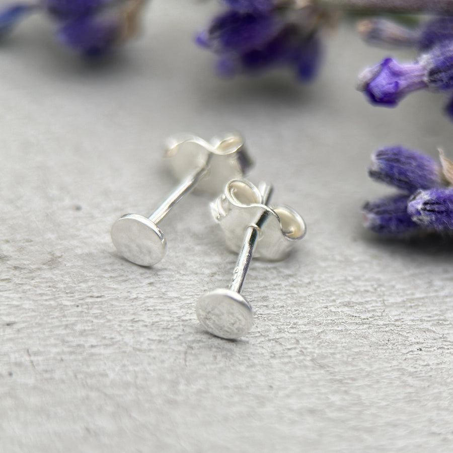 Silver Dot Stud Earrings - Solid 925 Sterling Silver - Minimalist Flat Circle Posts For Him or Her - SunlightSilver