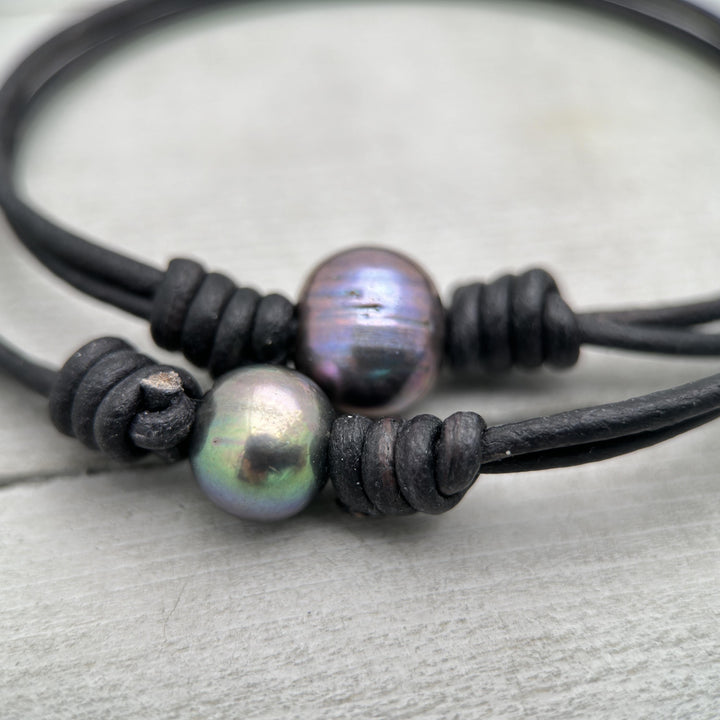 Peacock Pearl and Leather Anklet / Bracelet - SunlightSilver