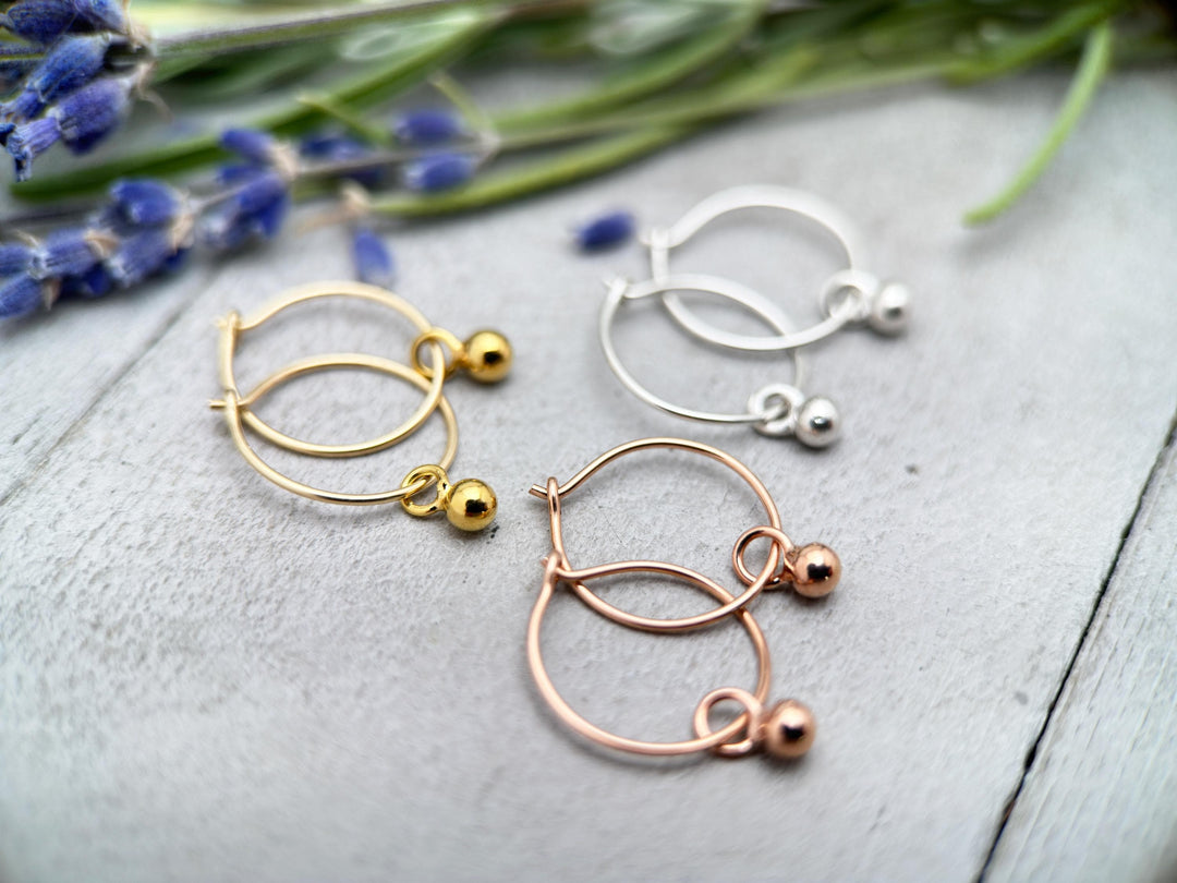 Ball Charm Hoop Earrings Available in Solid 925 Sterling Silver, 14k Yellow or Rose Gold Fill - SunlightSilver