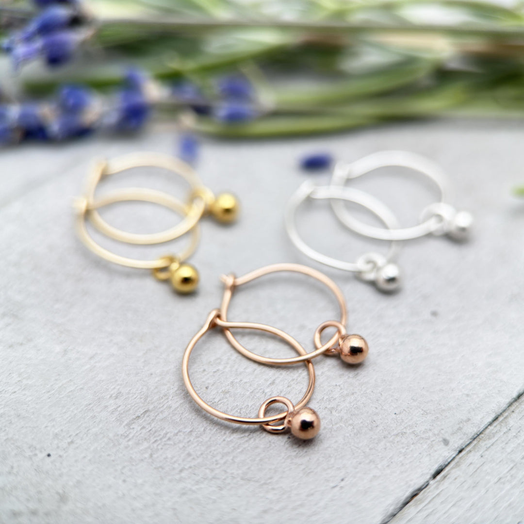 Ball Charm Hoop Earrings Available in Solid 925 Sterling Silver, 14k Yellow or Rose Gold Fill - SunlightSilver