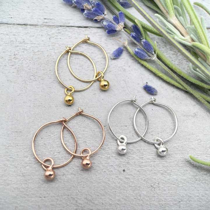 Ball Charm Hoop Earrings Available in Solid 925 Sterling Silver, 14k Yellow or Rose Gold Fill - SunlightSilver