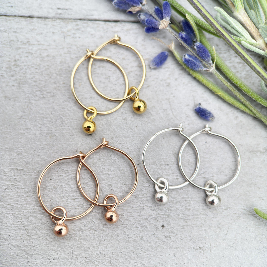 Ball Charm Hoop Earrings Available in Solid 925 Sterling Silver, 14k Yellow or Rose Gold Fill - SunlightSilver