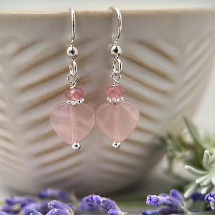 Rose Quartz Heart Earrings with Solid Sterling Silver - SunlightSilver