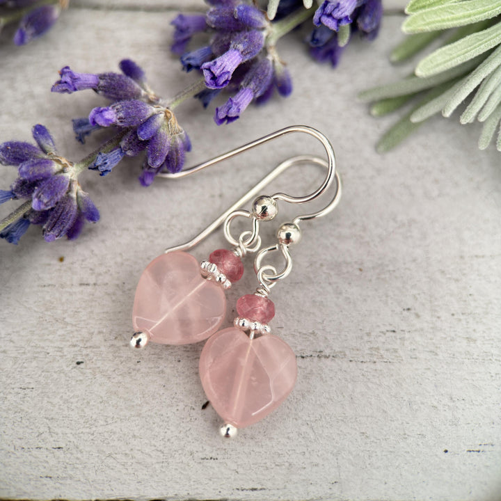 Rose Quartz Heart Earrings - Solid Sterling Silver - Pink Gemstone - SunlightSilver