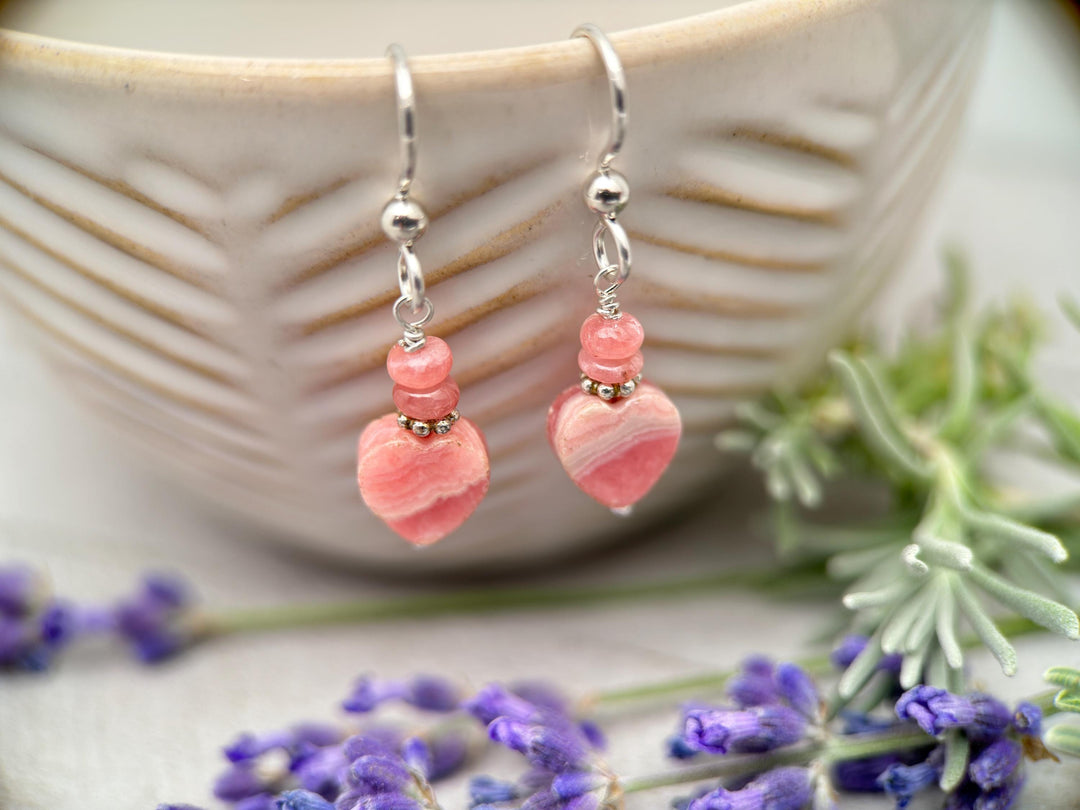 Pink Rhodochrosite Heart Earrings with Solid Sterling Silver - SunlightSilver