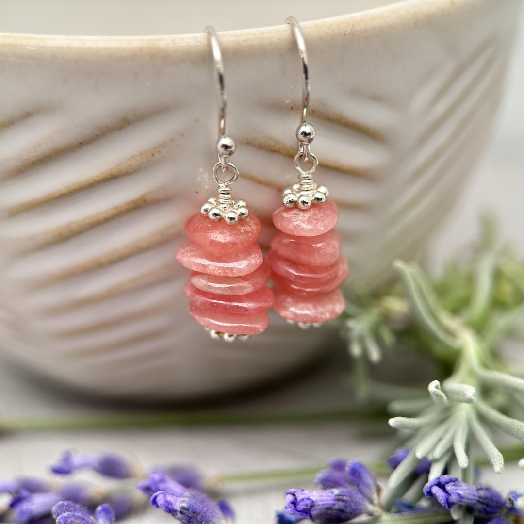 Gemmy Pink Rhodochrosite Stack Earrings with Solid Sterling Silver - SunlightSilver