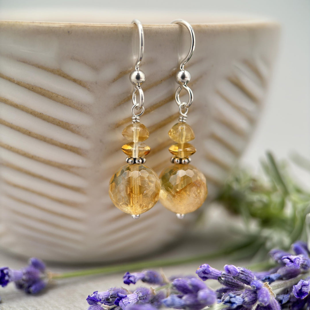 Yellow Citrine Crystal Sterling Silver Earrings. November Birthstone - SunlightSilver