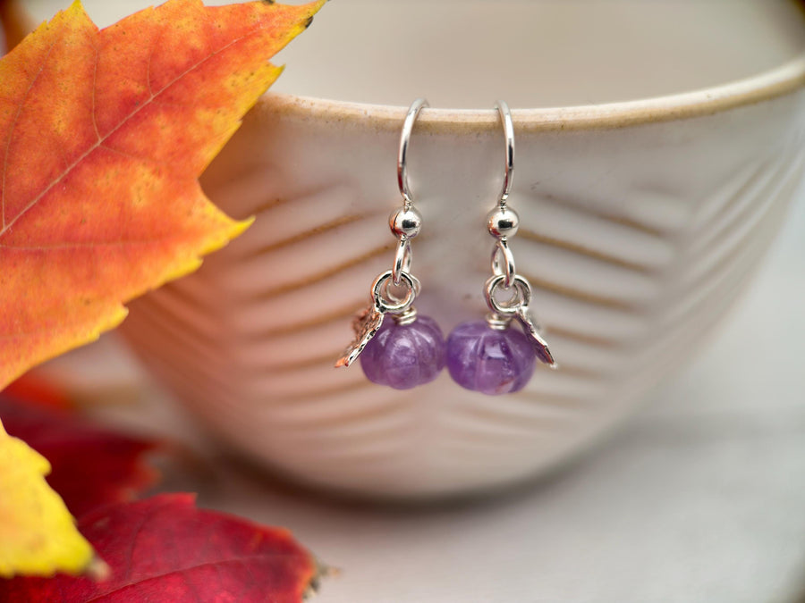 Mini Gemstone Pumpkin Sterling Silver Earrings - Choose Orange Carnelian or Purple Amethyst - Fall Autumn Halloween Jewelry - SunlightSilver