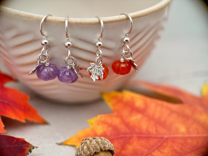 Mini Gemstone Pumpkin Sterling Silver Earrings - Choose Orange Carnelian or Purple Amethyst - Fall Autumn Halloween Jewelry - SunlightSilver