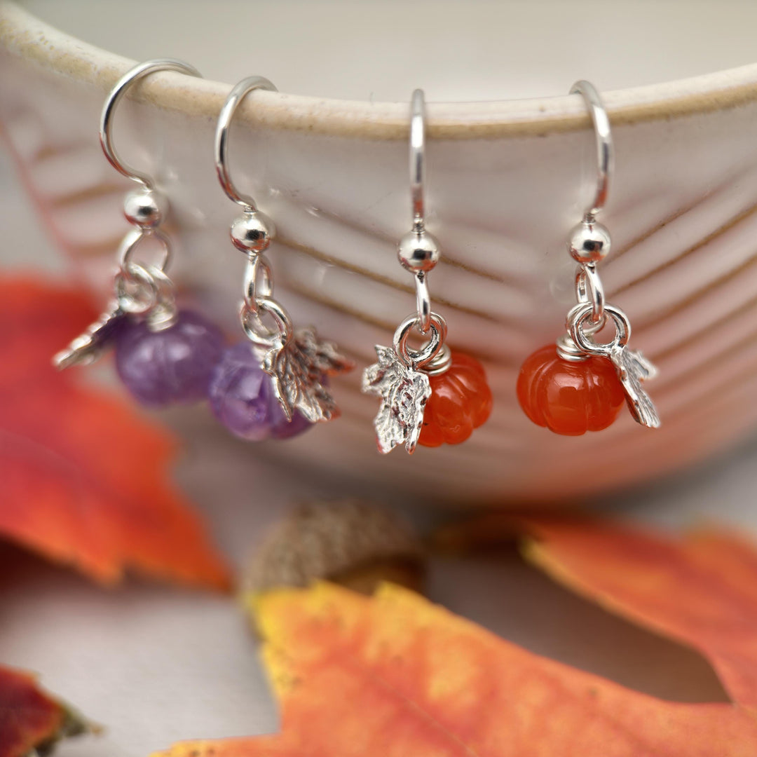 Mini Gemstone Pumpkin Sterling Silver Earrings - Choose Orange Carnelian or Purple Amethyst - Fall Autumn Halloween Jewelry - SunlightSilver