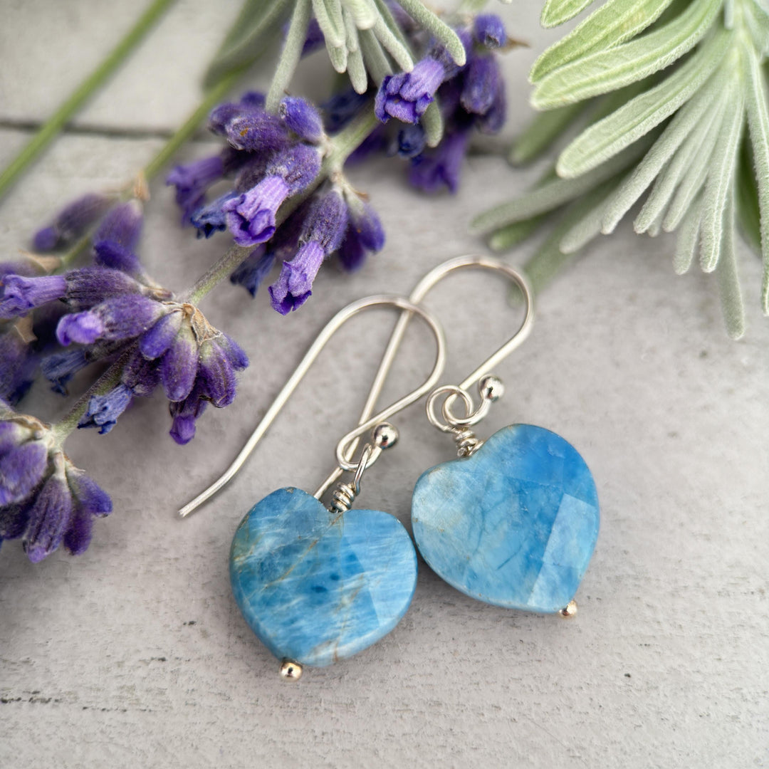 Faceted Apatite Heart and Sterling Silver Earrings - SunlightSilver