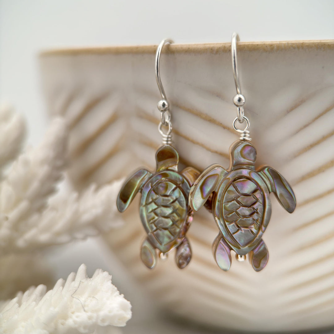 Paua Abalone Shell Sea Turtle and Sterling Silver Earrings - SunlightSilver