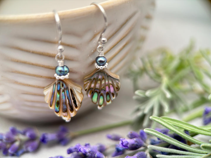 Paua Abalone Shell, Freshwater Pearl and Sterling Silver Earrings - SunlightSilver