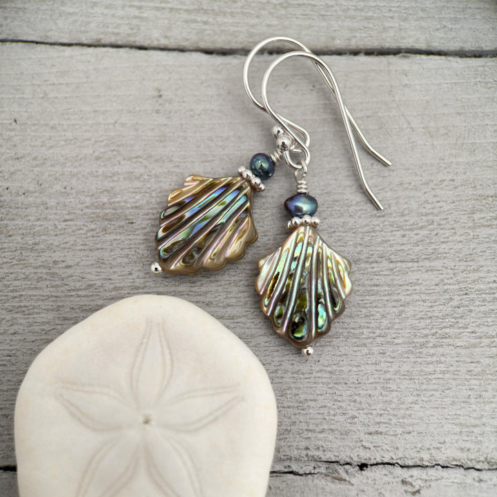 Paua Abalone Shell, Freshwater Pearl and Sterling Silver Earrings - SunlightSilver