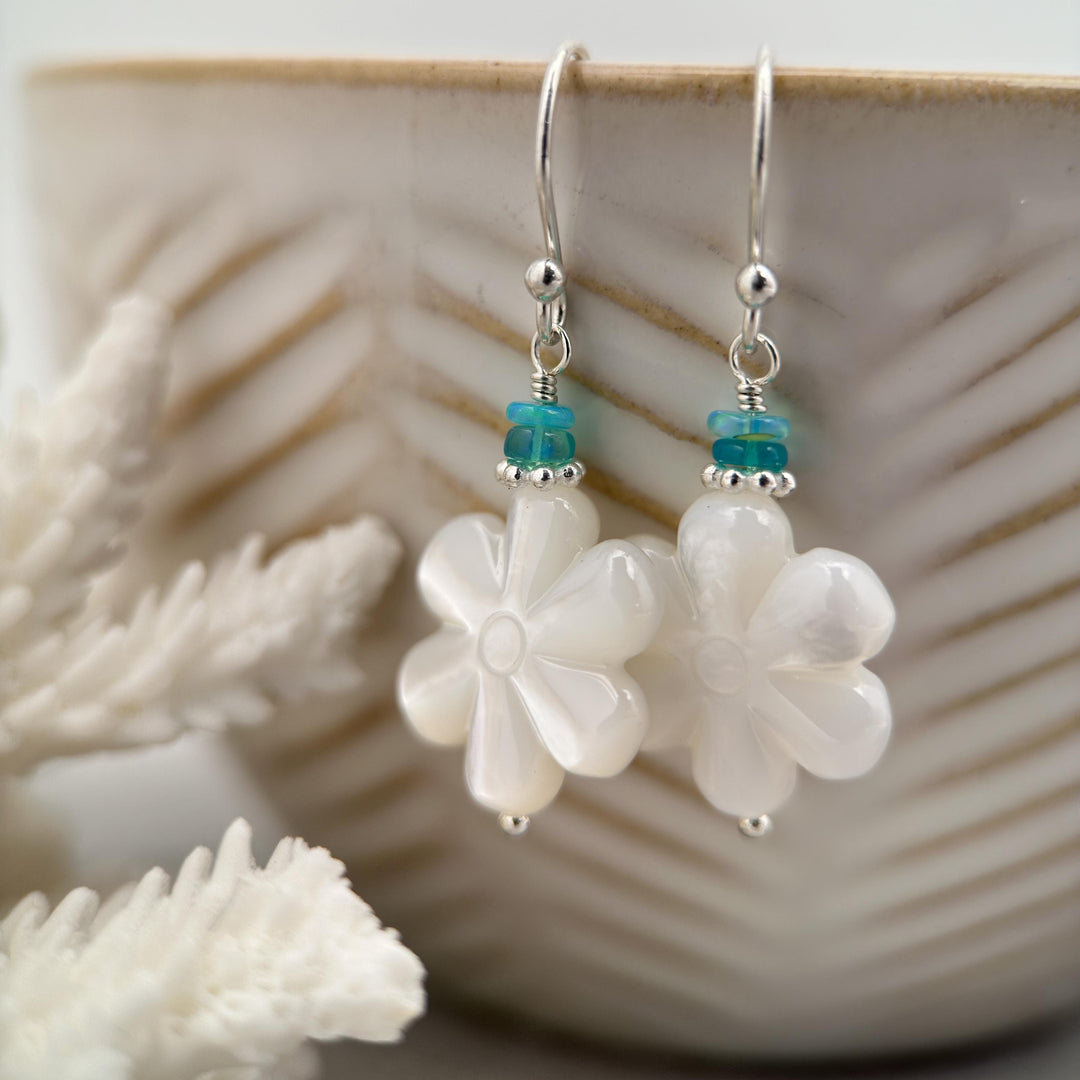 Mother of Pearl Shell Flower Earrings with Blue Ethiopian Opals and Solid 925 Sterling Silver - SunlightSilver