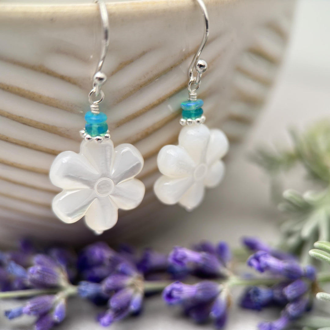 Mother of Pearl Shell Flower Earrings with Blue Ethiopian Opals and Solid 925 Sterling Silver - SunlightSilver