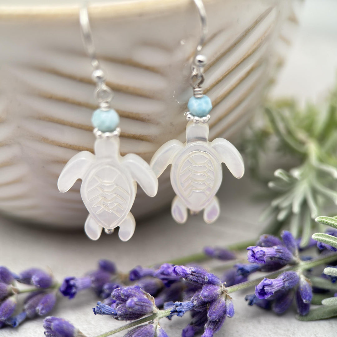 Larimar, Mother of Pearl Sea Turtle and Sterling Silver Earrings - SunlightSilver