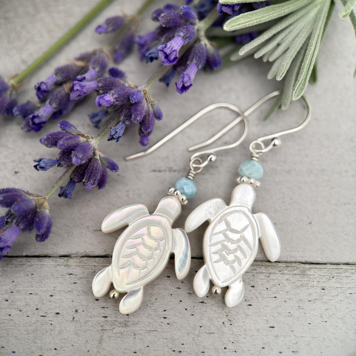 Larimar, Mother of Pearl Sea Turtle and Sterling Silver Earrings - SunlightSilver