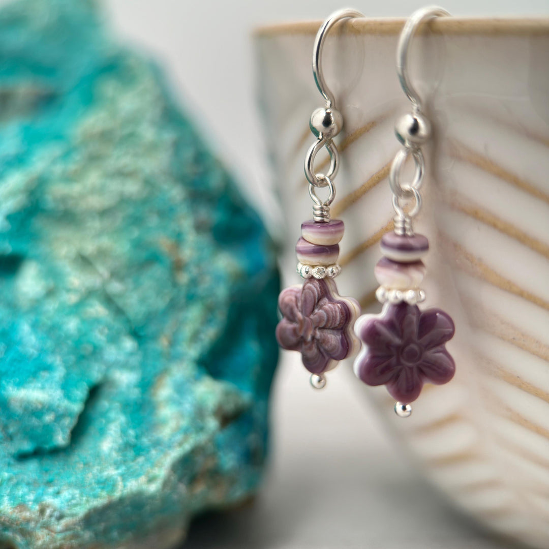 Purple and White Wampum Quahog Shell Flower and Sterling Silver Earrings - SunlightSilver