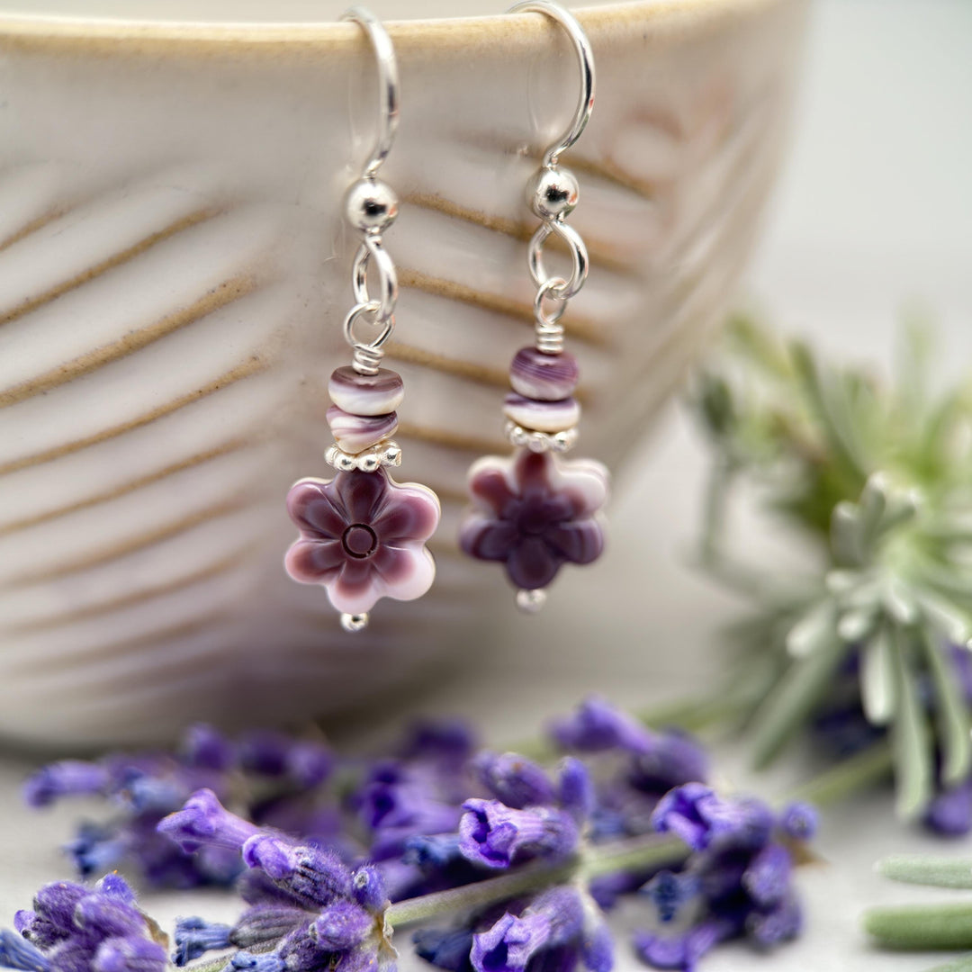 Purple and White Wampum Quahog Shell Flower and Sterling Silver Earrings - SunlightSilver