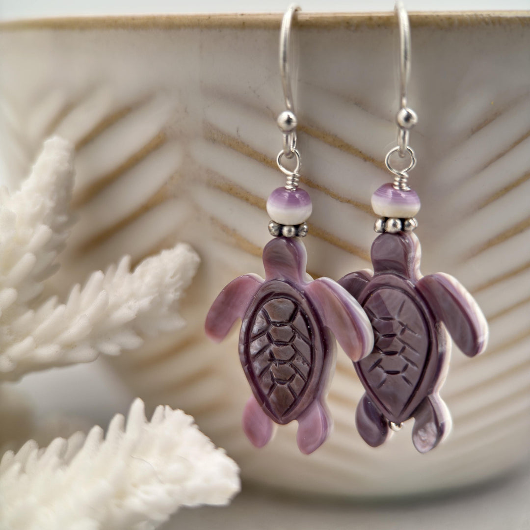 Purple and White Wampum Quahog Shell Sea Turtle and Sterling Silver Earrings - SunlightSilver