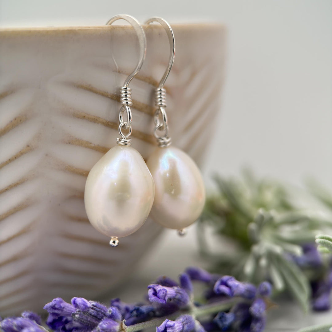 Gorgeous Large White Freshwater Pearl and solid 925 Sterling Silver Earrings - SunlightSilver