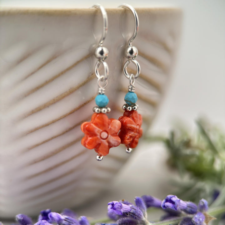 Small Red Spiny Oyster Shell Flower, Turquoise, and Sterling Silver Earrings - SunlightSilver