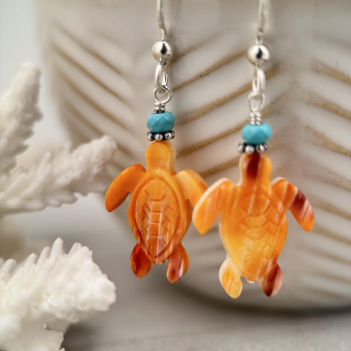 Spiny Oyster and Turquoise Sea Turtle Earrings - SunlightSilver