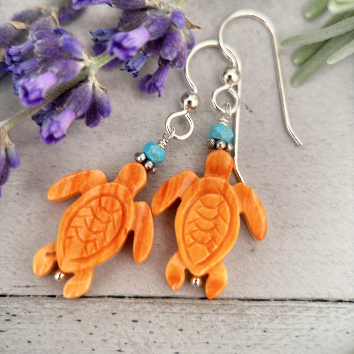 Spiny Oyster and Turquoise Sea Turtle Earrings - SunlightSilver