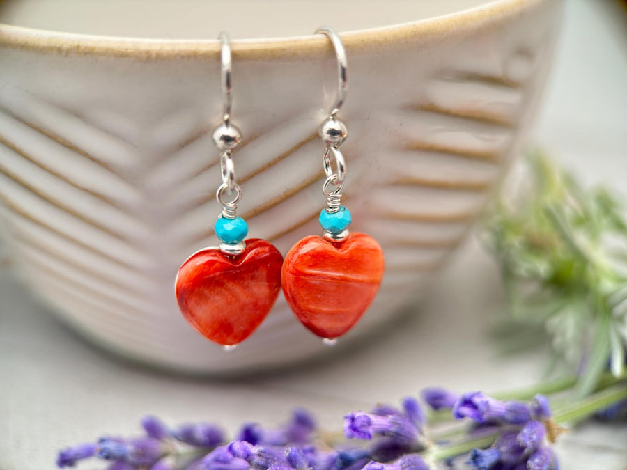 Red Spiny Oyster Shell Heart, Turquoise and Sterling Silver Earrings - SunlightSilver