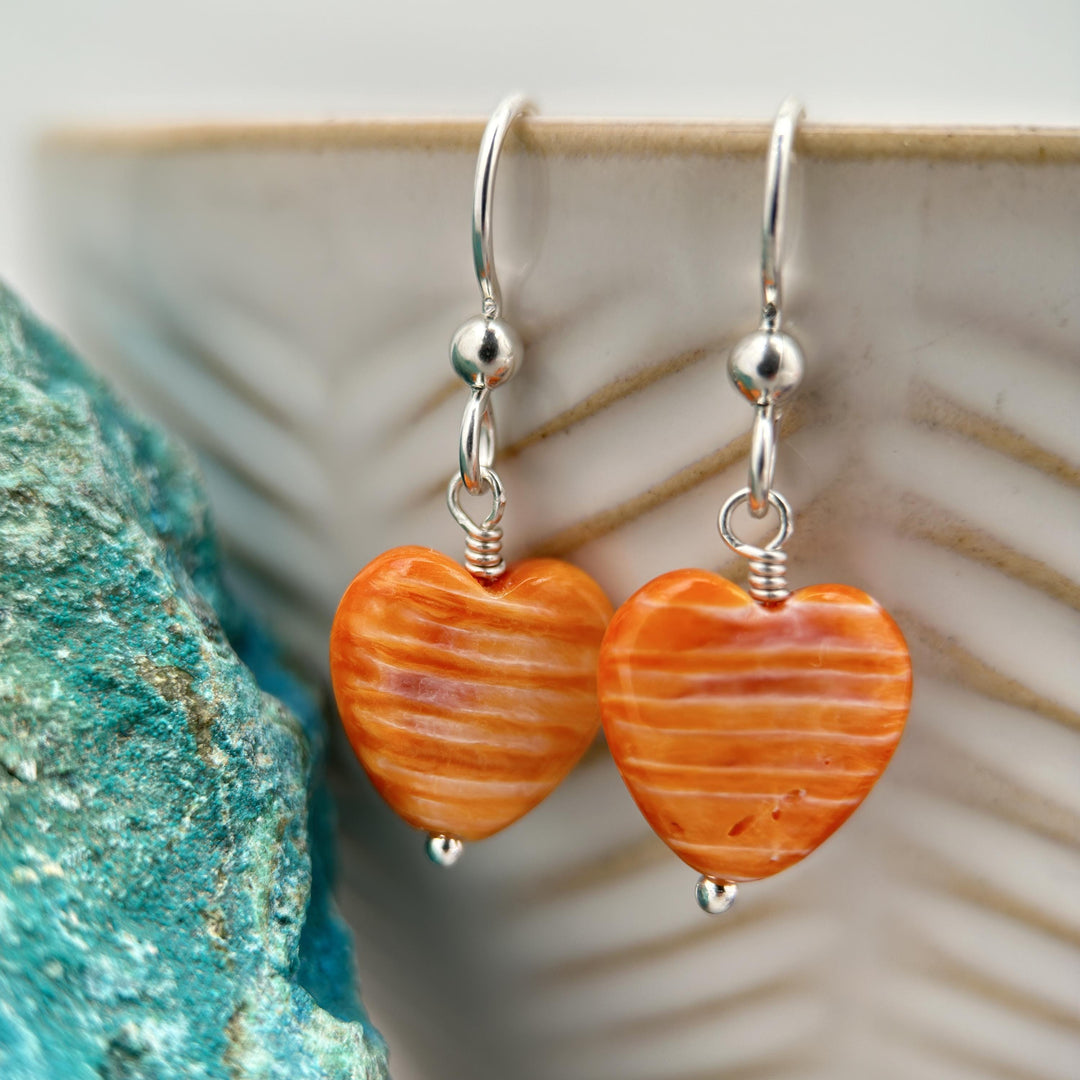 Orange Spiny Oyster Shell Heart and Sterling Silver Earrings - SunlightSilver