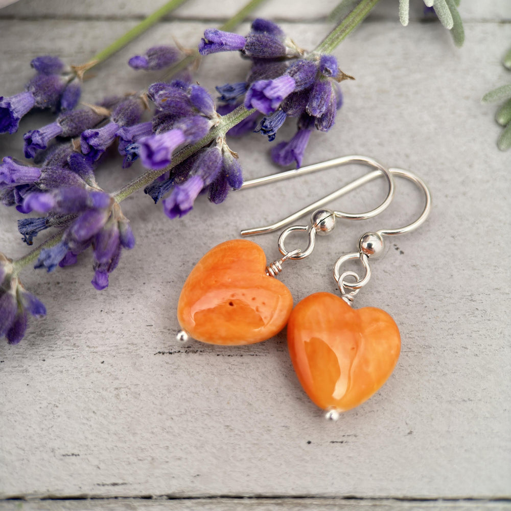 Orange Spiny Oyster Shell Heart and Sterling Silver Earrings - SunlightSilver