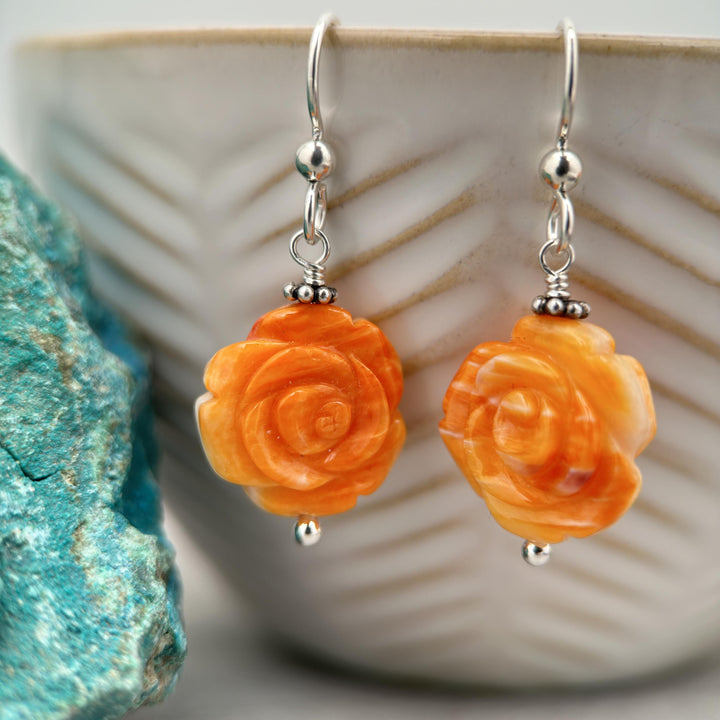 Orange Spiny Oyster Carved Flower and Solid 925 Sterling Silver Earrings - SunlightSilver