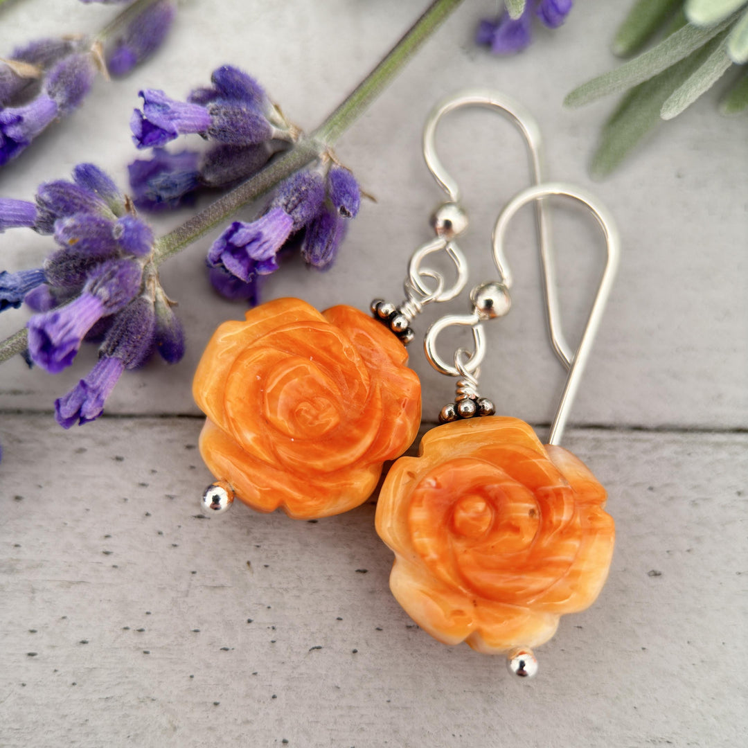 Orange Spiny Oyster Carved Flower and Solid 925 Sterling Silver Earrings - SunlightSilver