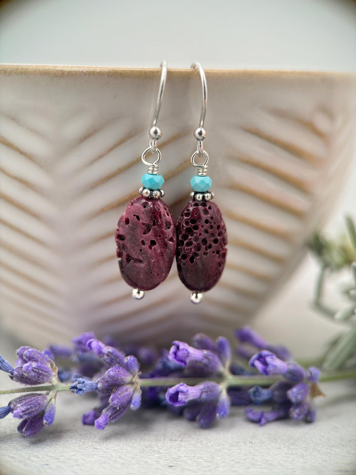 Purple Spiny Oyster Shell, Turquoise, and Sterling Silver Earrings - SunlightSilver