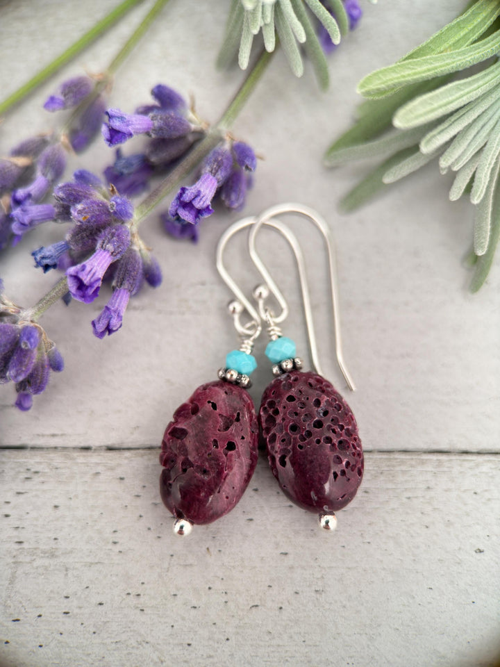 Purple Spiny Oyster Shell, Turquoise, and Sterling Silver Earrings - SunlightSilver
